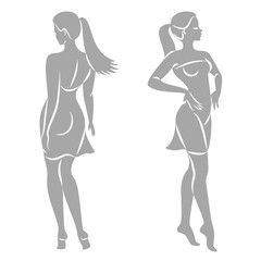 Collection. Silhouette of a woman in style. The girl is slim and beautiful. Lady suitable for aesthetic decor, posters, stickers, logo. Vector illustration set.