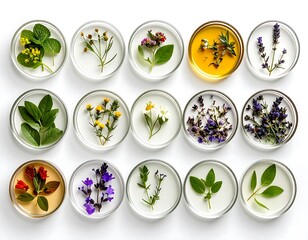 Botanicals in petri dishes, flat lay