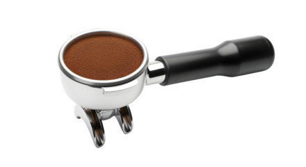 Freshly ground coffee fills a portafilter, ready for brewing a rich espresso.