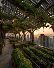 Rooftop urban garden with solar pergola and leafy vines, overlooking city skyline at sunset. lush greenery creates serene and sustainable environment