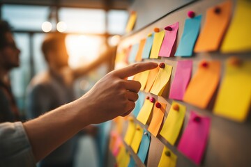 Hand points at colorful sticky notes on board during collaborative team meeting, with sunlight streaming through window, creating warm atmosphere