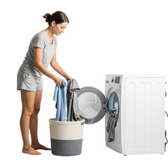 Woman doing laundry putting clothes in washing machine home chores domestic life appliance household routine on transparent background