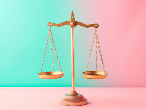 Golden scales of justice on a pink and teal background symbolizing balance and fairness concept
