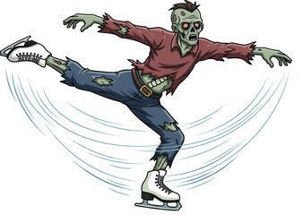 Cartoon zombie ice skating, funny undead character, Halloween horror illustration, spooky figure on ice, animated vector art