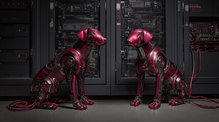 Robotic Companions: Two metallic canine robots sit facing each other in a server room, embodying futuristic technology and companionship.