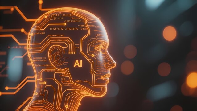 Digital human head with AI circuitry and glowing neural pathways