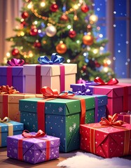 Christmas gifts under a decorated tree