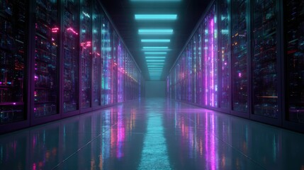 Futuristic neon corridor with reflective floor and glowing vertical lights