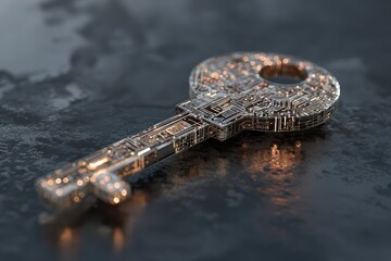 Futuristic Circuit Board Key: Digital Security Concept
