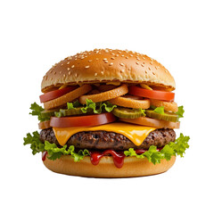 Juicy Cheeseburger PNG Isolated on Transparent Background &ndash; Tasty Fast Food Sandwich with Beef Patty, Cheese, Lettuce and Tomato