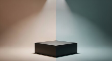 Fototapeta premium A minimalist black cube pedestal sits centered in a studio with soft spotlights illuminating the scene