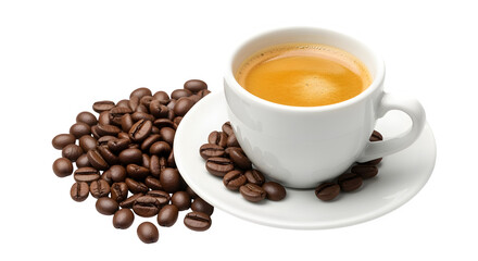 Rich espresso in a white cup with scattered coffee beans, offering a moment of warm morning indulgence.