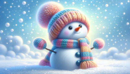 Cute snowman illustration in snowy landscape with scarf and wool hat. Christmas Celebration Time