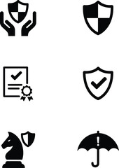 Diverse Insurance Icons Depicting Protection Coverage Assurance Policy Approval and Strategic Planning Represented by Hands Shield Certificate Knight and Umbrella Against Risk and Uncertainty