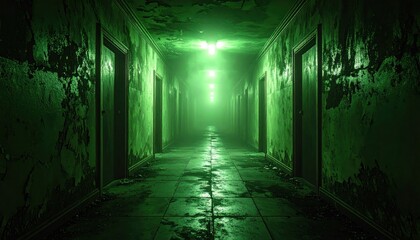 Creepy hallway with green lights with abandoned building horror.