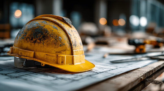 Casque de chantier jaune pos&eacute; sur des plans dans un environnement de construction moderne pendant la journ&eacute;e
