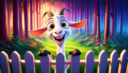 Happy goat cartoon on a wooden fence