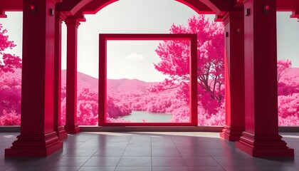 Pink landscape view through a red frame in a building with red columns.