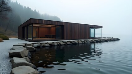 Dark wooden cabin by a misty lake