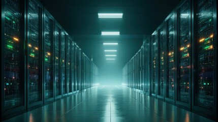 Futuristic data center aisle with glowing servers and ambient blue lighting