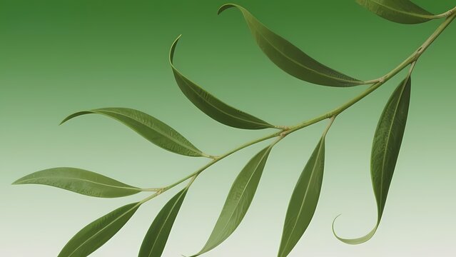 Close-up of green leaves on a branch against a gradient green background
