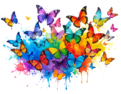 Vibrant Rainbow Butterflies Flying Out of Colorful Ink Splatter on White Background”