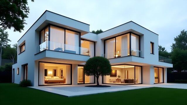 Large modern home with many glass windows