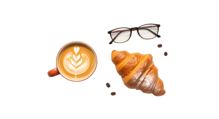 A moment of quiet indulgence with a warm latte, a flaky croissant, and reading glasses, perfect for a morning break.
