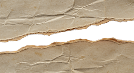 Ancient, crinkled paper strip, torn open to reveal reddish-brown layer, jagged edges, detailed fibers & aged patina, isolated on transparent background, dramatic studio lighting, concept of aged