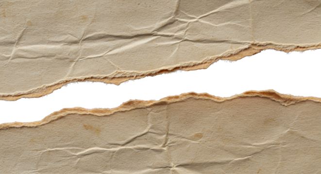 Ancient, crinkled paper strip, torn open to reveal reddish-brown layer, jagged edges, detailed fibers & aged patina, isolated on transparent background, dramatic studio lighting, concept of aged