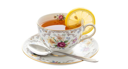 A delicate porcelain teacup filled with warm amber tea, garnished with a bright lemon slice.