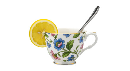 A refreshing slice of lemon adorns a delicate floral teacup, inviting a moment of calm and refreshment.