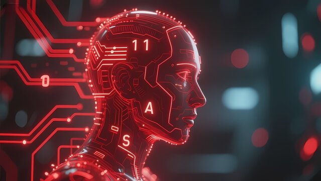 Cybernetic human head with glowing red circuit patterns and digital interface elements in a futuristic setting