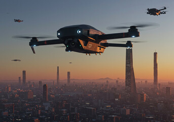 Futuristic Drones Flying Over a Modern Cityscape at Sunset