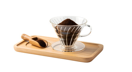 Aromatic ground coffee ready for brewing in a glass pour-over filter on a wooden tray.