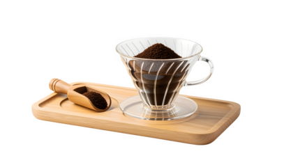 Aromatic ground coffee ready for brewing in a glass pour-over filter on a wooden tray.