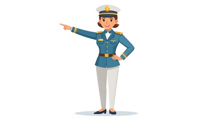 A woman in a navy blue military uniform stands, pointing confidently toward the right side of the image.