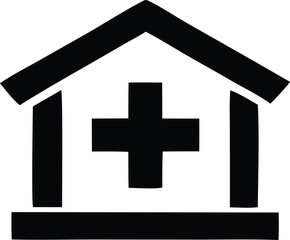 Obraz premium Simple black silhouette icon of a hospital building with a medical cross symbol inside for healthcare services and medical care