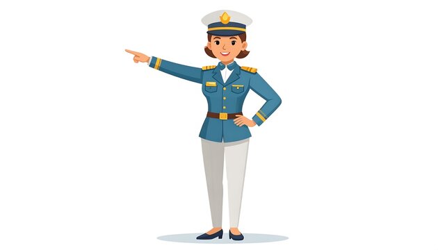 A woman in a navy blue military uniform stands, pointing confidently toward the right side of the image.