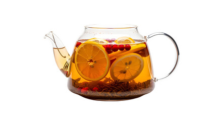 Refreshing fruity tea steeping in a clear glass teapot with citrus and berries.