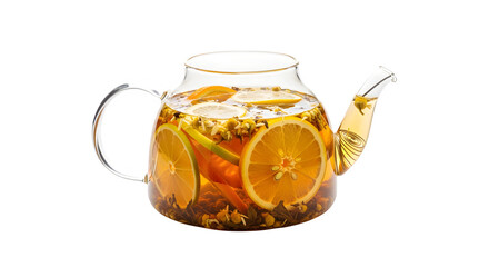 Refreshing hot herbal tea brewed with vibrant citrus slices and botanicals in a clear glass teapot.