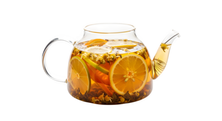 Refreshing hot herbal tea brewed with vibrant citrus slices and botanicals in a clear glass teapot.