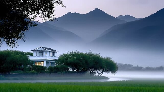 Misty landscape with tranquil house view