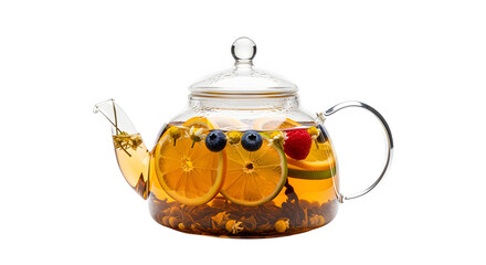 Whimsical fruit-infused tea steeps in a clear glass teapot, ready to refresh.