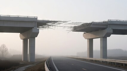 In a foggy morning, a highway stretches beneath an unfinished bridge. The structure shows exposed steel and missing sections, highlighting the halted construction work