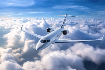 Obraz premium Commercial airplane flying above clouds in blue sky