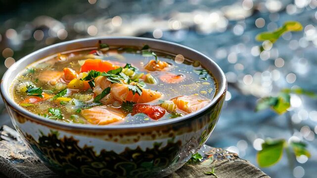 Fish soup with a river in the background. Selective focus. nature.