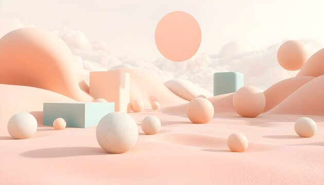 Minimalist abstract landscape with pastel pink dunes and geometric shapes under a soft sky, creating a serene and dreamlike scene. - Powered by Adobe