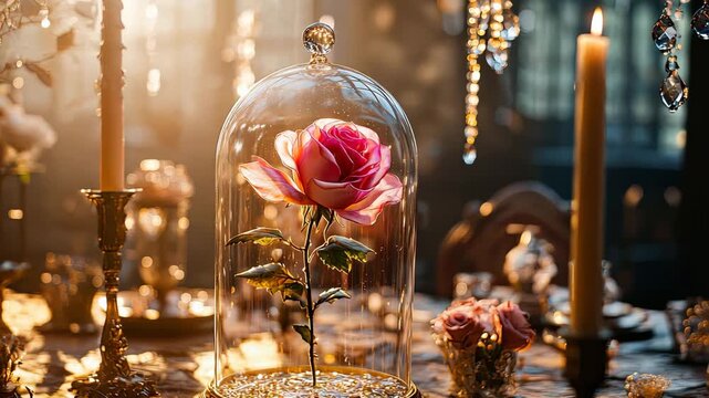 Precious rose under a glass dome. Selective focus. Nature.