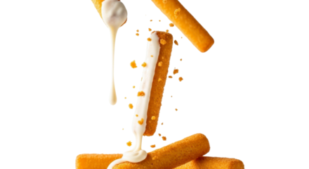 Crispy golden cheese sticks being drizzled with creamy white sauce in a dynamic, appetizing food shot.